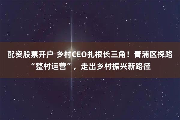 配资股票开户 乡村CEO扎根长三角！青浦区探路“整村运营”，走出乡村振兴新路径